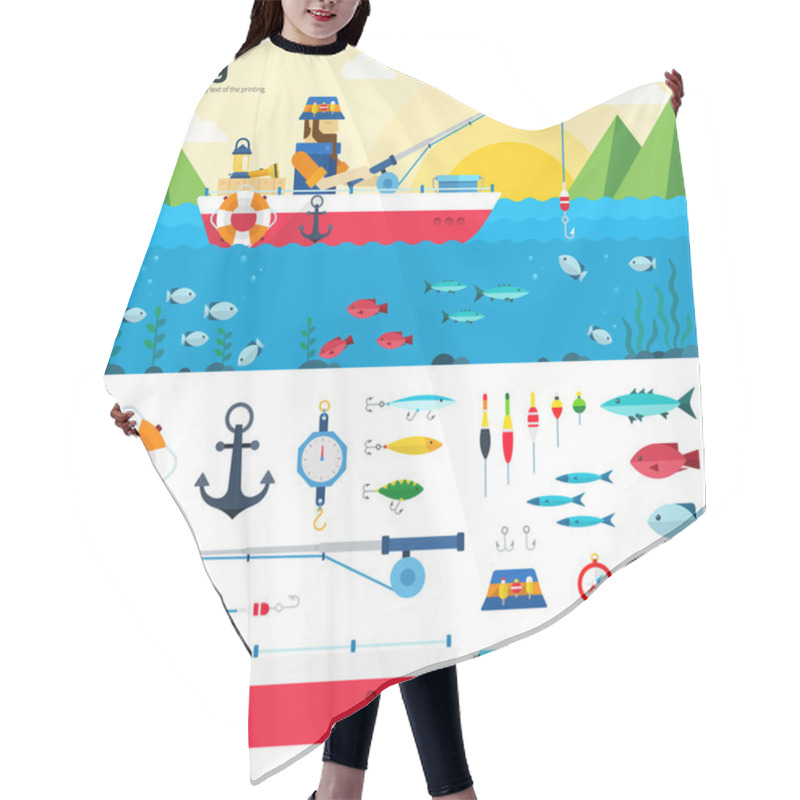 Personality  Banner Fisherman On Lake. Items Fishing Icon Set Hair Cutting Cape