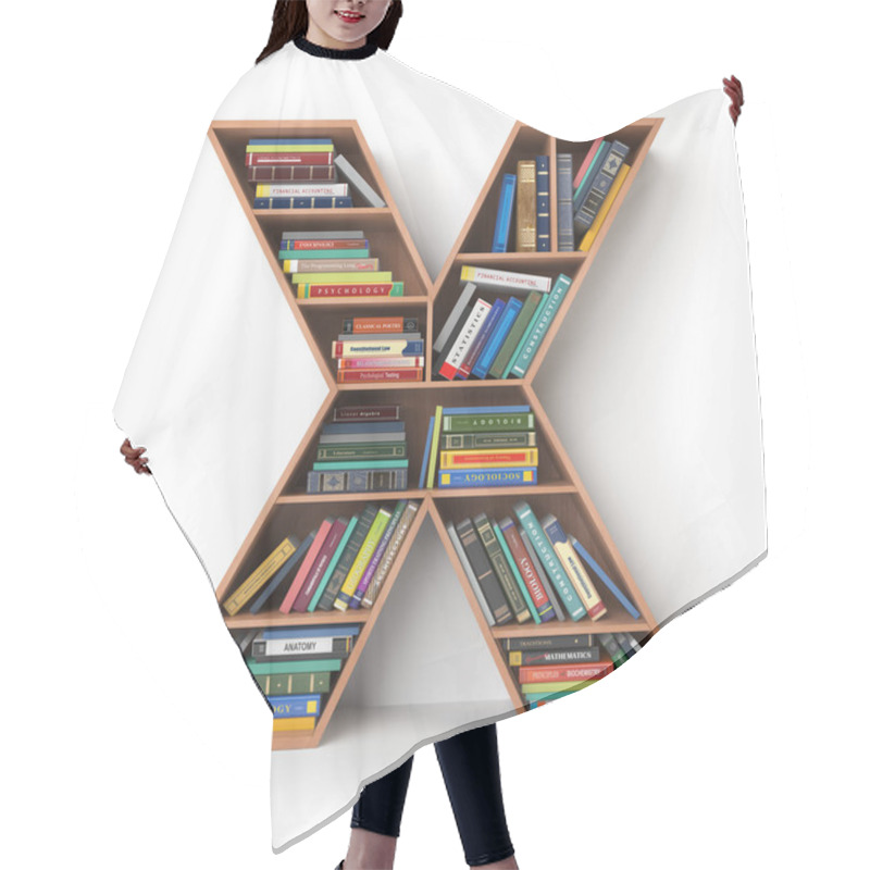 Personality  Letter X. Alphabet In The Form Of Shelves With Books Isolated On Hair Cutting Cape