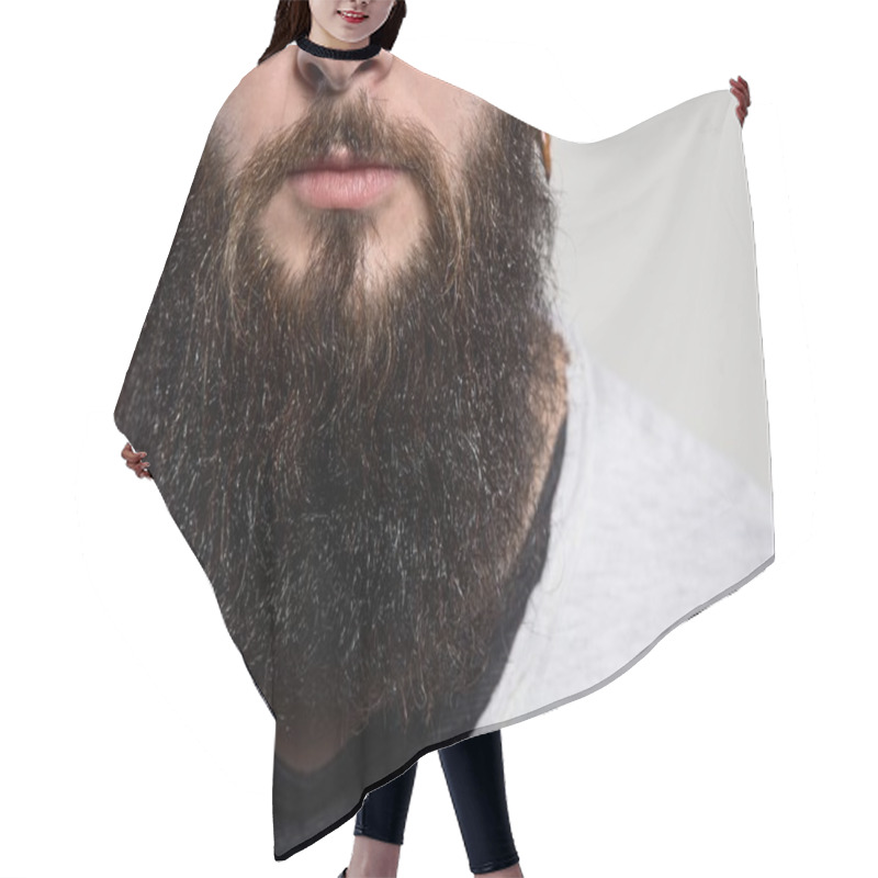 Personality  Close Up Of Long Beard And Mustache Man Hair Cutting Cape