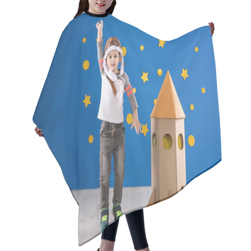 Personality  Cute Little Child Playing With Cardboard Rocket Near Blue Wall Hair Cutting Cape