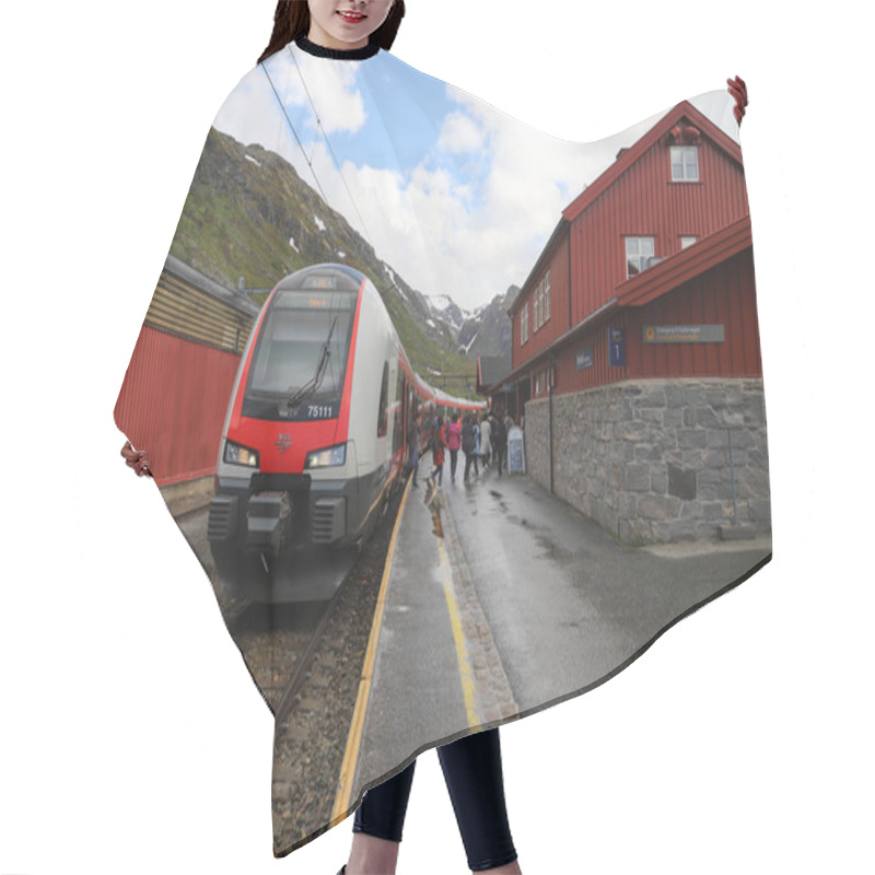 Personality  MYRDAL, NORWAY - JUNE 18, 2019: People At The Railway Station In Myrdal, Norway Hair Cutting Cape