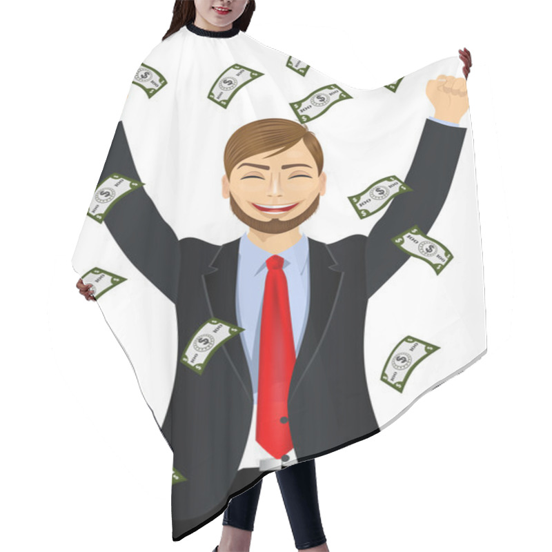 Personality  Businessman Happy Seeing Raining Money Bills Hair Cutting Cape