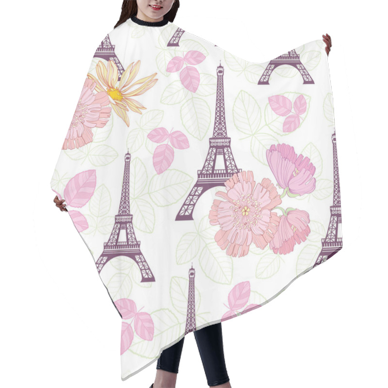 Personality  Vector Spring Purple Pink Eifel Tower Paris And Roses Flowers Seamless Repeat Pattern Surrounded By St Valentines Day Hearts Of Love. Perfect For Travel Themed Postcards, Greeting Cards, Wedding Hair Cutting Cape