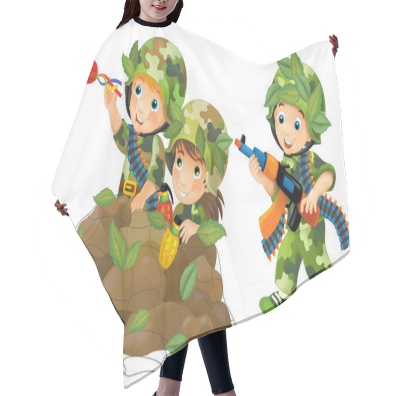 Personality  Cartoon Scene With Kids Dressed As Soldiers Playing And Having Fun - Illustration For Children Hair Cutting Cape