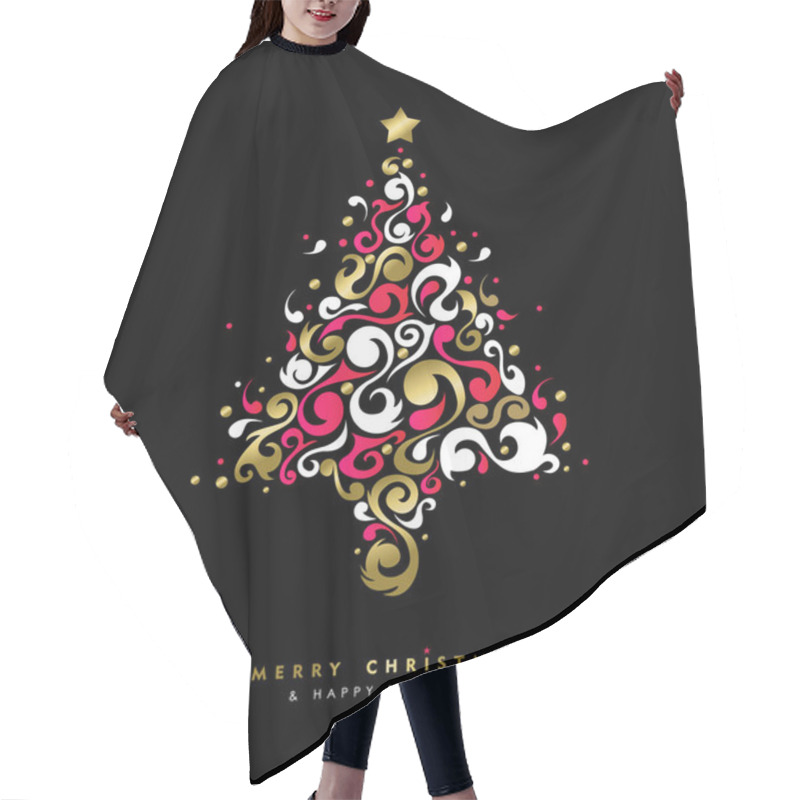 Personality  Merry Christmas And Happy New Year Illustration For Holiday Greeting Card. Xmas Pine Tree With Retro Style Decoration In Gold Color.  Hair Cutting Cape