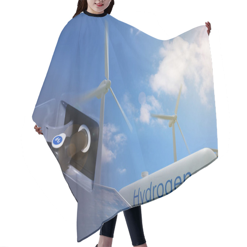 Personality  Car Charging Hydrogen And Hydrogen Generating Plant. Double Exposure. Sustainable And Ecological Energy Concept. 3d Illustration. Hair Cutting Cape