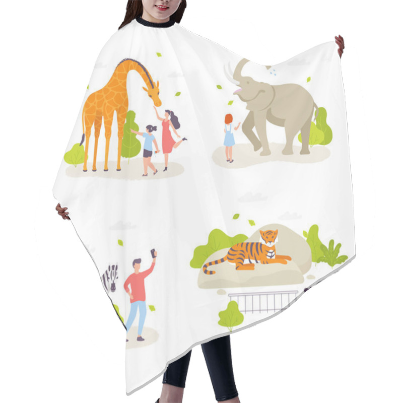 Personality  People In The Zoo Looking At Animals And Acting With Them. Cute Wild Animals, Cheerful People, Children Cartoon Characters Flat Design. Giraffe, Elephant, Zebra, Tiger Isolated. Infographic Elements. Hair Cutting Cape