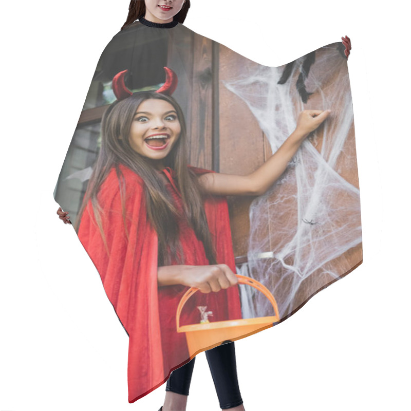 Personality  Excited Girl In Devil Halloween Costume Holding Bucket While Knocking At Door With Spider Net Hair Cutting Cape