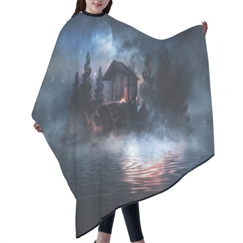 Personality  Night Fantasy Landscape With Abstract Mountains And Island On The Water, Wooden House On The Shore, Moonlight, Fog, Night Lamp. 3D  Hair Cutting Cape