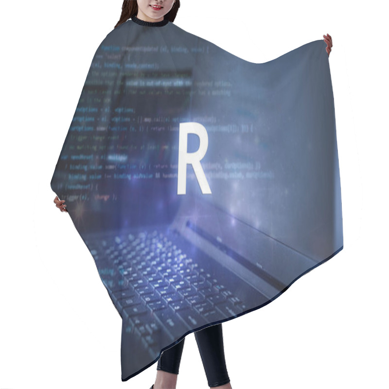 Personality  R Programming Language Inscription Against Laptop And Code Background. Learn R, Computer Courses, Training.  Hair Cutting Cape