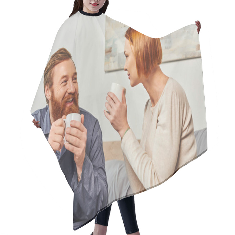 Personality  Morning Rituals, Quality Time, Day Off Without Kids, Redhead Husband And Wife, Bearded Man And Woman Holding Cups, Coffee And Conversation, Happy Parents Alone At Home, Lifestyle, Adult Leisure  Hair Cutting Cape