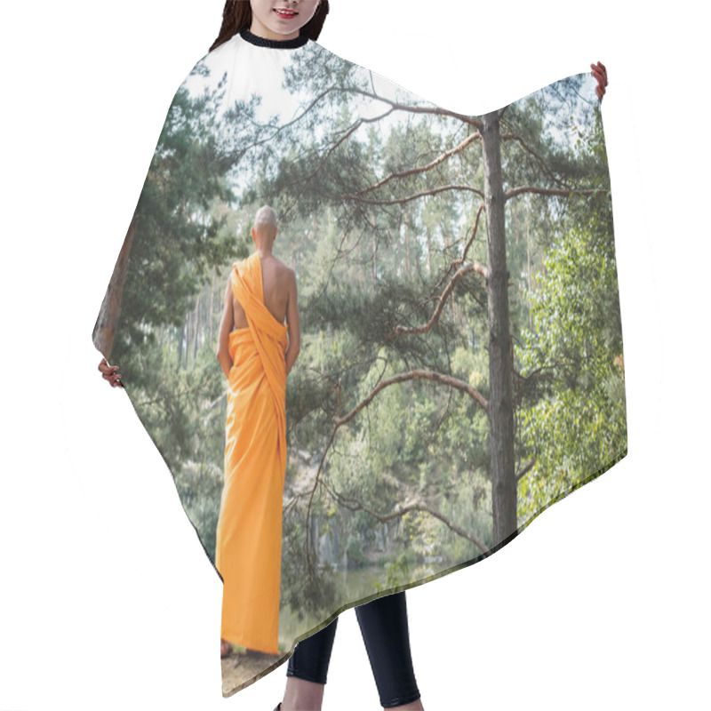 Personality  Back View Of Buddhist In Orange Kasaya Meditating In Forest Near Lake Hair Cutting Cape