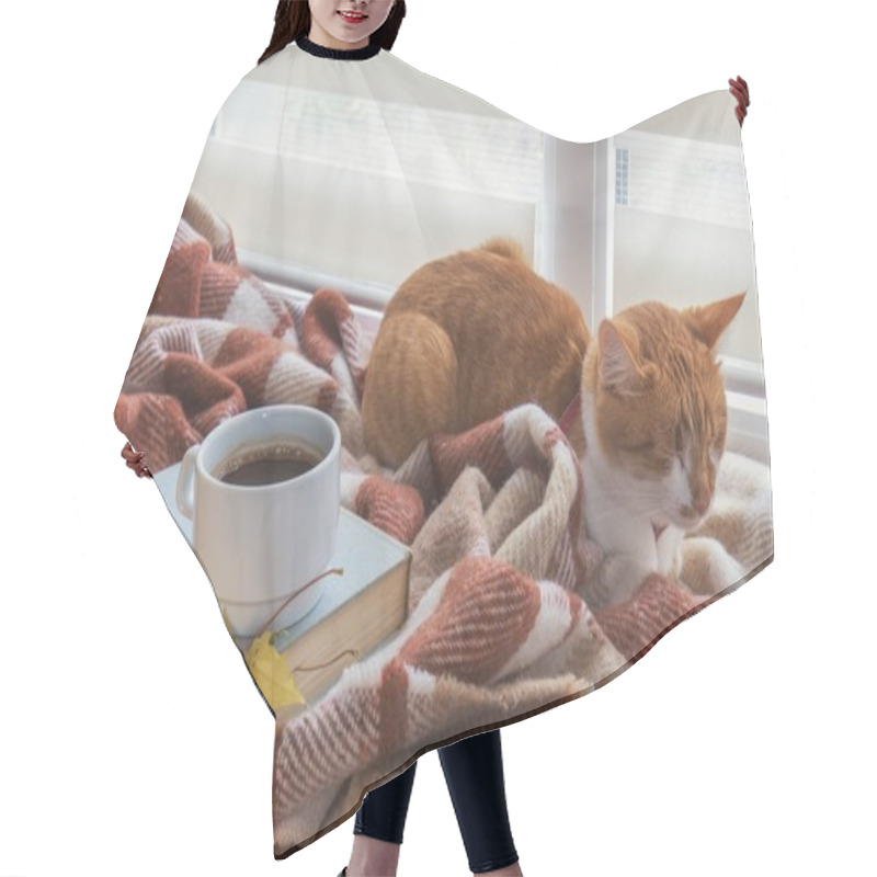 Personality  Cup Of Coffee, Book With Autumn Yellow Leaf And Red-white Cat Su Hair Cutting Cape