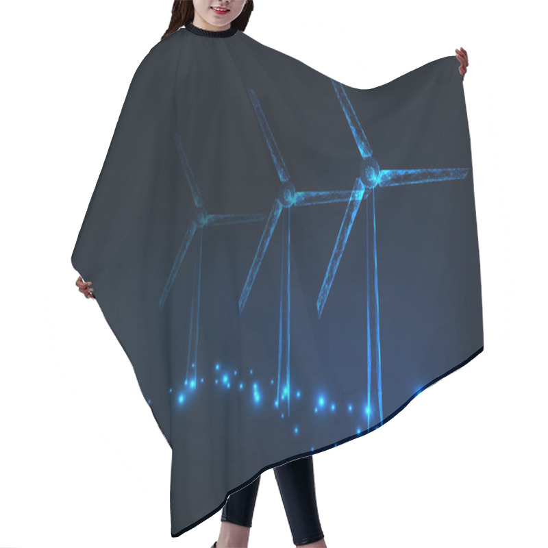 Personality  Three Wind Mills Made Of Glowing Triangles, Lines, Dots. Wind Turbines Field. Renewable Sources Of Electric Energy. Hair Cutting Cape