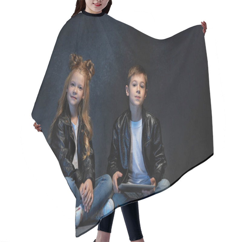 Personality  Studio Shot Of Two Children With Laptop Hair Cutting Cape