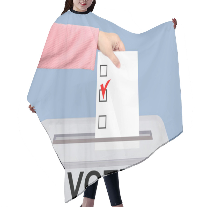 Personality  Voters Female Hand Lowers The Ballot In A Transparent Ballot Box On The Background, Concept Of State Elections, Referendum  Hair Cutting Cape