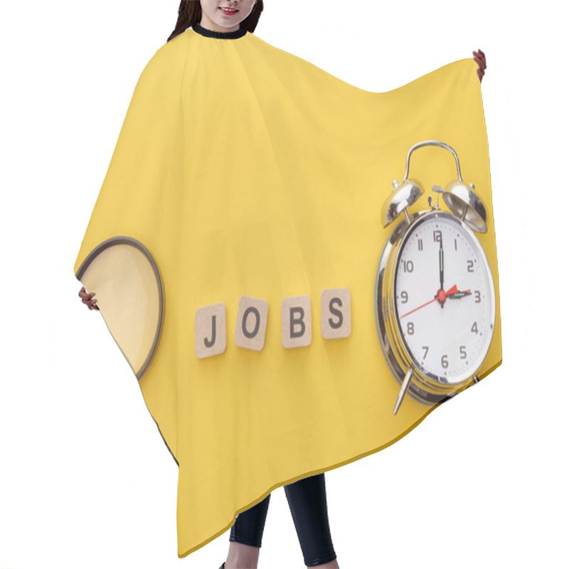 Personality  Top View Of Magnifying Glass, Clock And Cardboard Squares With Jobs Inscription On Yellow Background Hair Cutting Cape