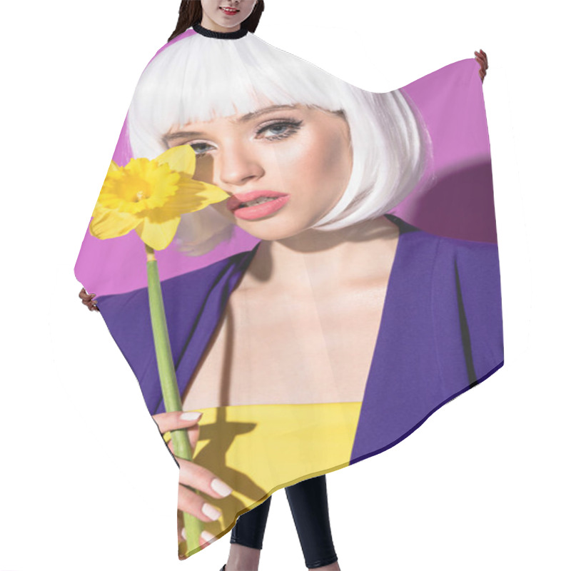 Personality  Stylish Girl In White Wig Holding Flower And Looking At Camera On Purple Background Hair Cutting Cape