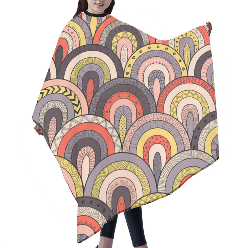 Personality  Tribal Seamless Pattern, Indian Or African Ethnic Patchwork Style. Round Tiles With Hand Drawn Texture. Hair Cutting Cape