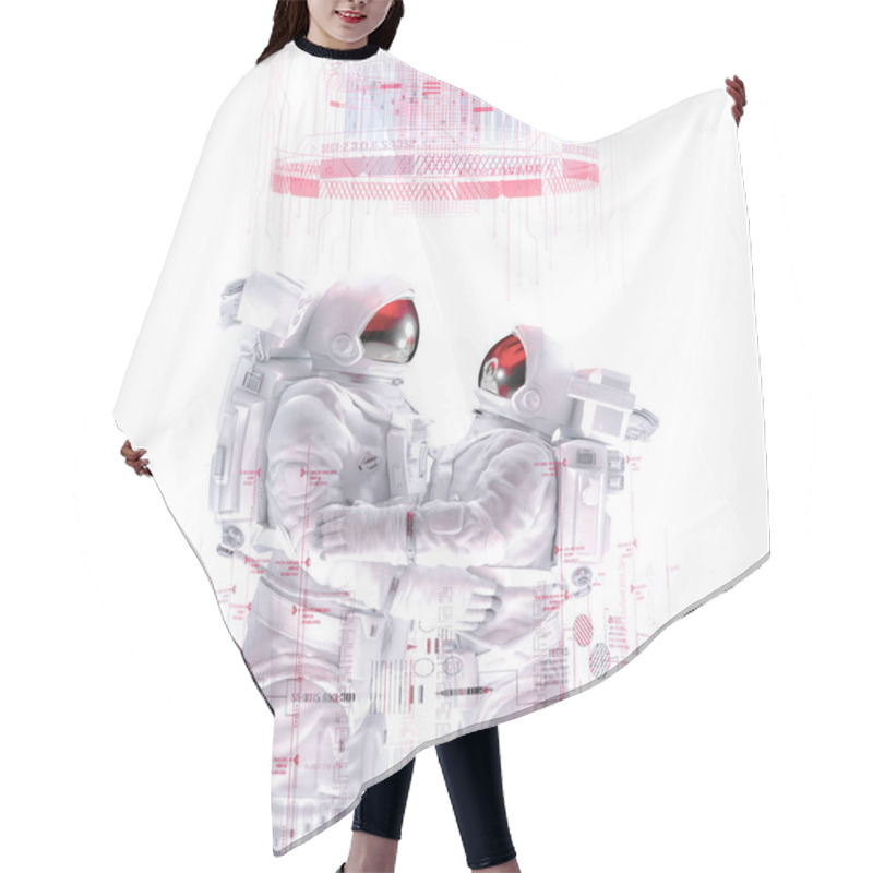 Personality  Match Made In Cyberspace / 3D Illustration Of Male And Female Astronaut Couple Embracing Surrounded By Virtual Data On White Studio Background Hair Cutting Cape