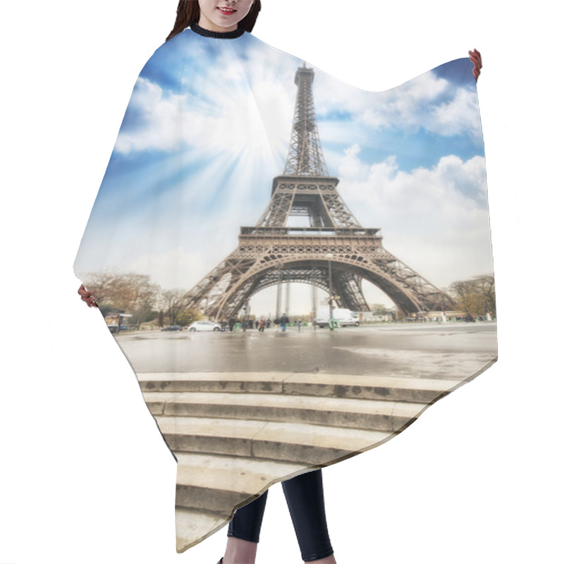 Personality  Paris. Gorgeous Wideangle View Of Eiffel Tower With Stairs To Se Hair Cutting Cape