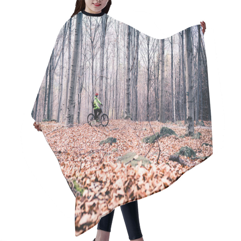 Personality  Mountain Biker On Cycle Trail In Woods Hair Cutting Cape