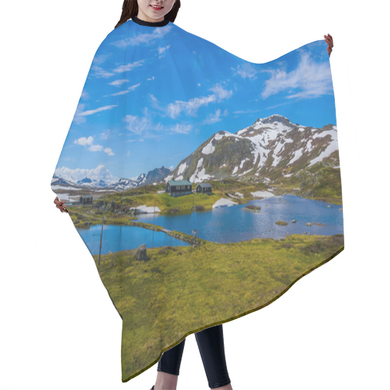 Personality  VALDRES, NORWAY - 6 JULY, 2015: Stunning Nature On Valdresflya, Green Covered Landscape Stretches Far As Eye Can See With Spots Of Snow And Lakes Under Beautiful Blue Sky Hair Cutting Cape