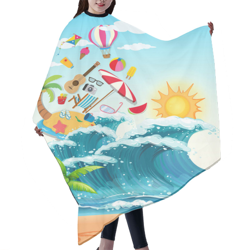 Personality  Summer Theme With Big Waves And Sunshine Hair Cutting Cape