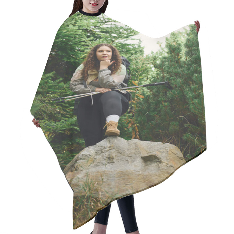 Personality  A Plus Size Woman Explores A Lush Forest, Confidently Pausing To Appreciate Her Surroundings. Hair Cutting Cape