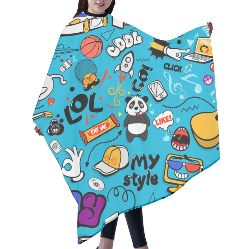 Personality  Vector Graffiti Seamless Texture With Bizarre Elements And Characters With Social Media Signs And Other Shiny Icons. Print Fabric Vector Pattern With Pop Art Patches For Print, Party, Children's Room. Hair Cutting Cape