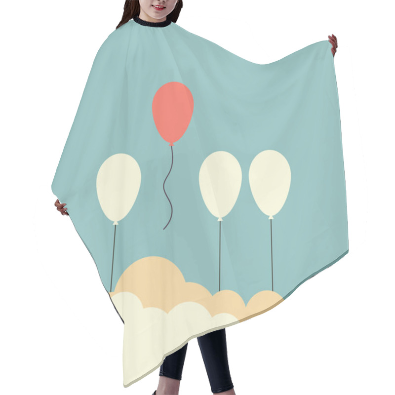 Personality  Minimalist Retro Stile. Stand Out From The Crowd And Different Concept , One Red Balloon Flying Away From Other White Balloons  . Vector Illustration Eps10 Hair Cutting Cape