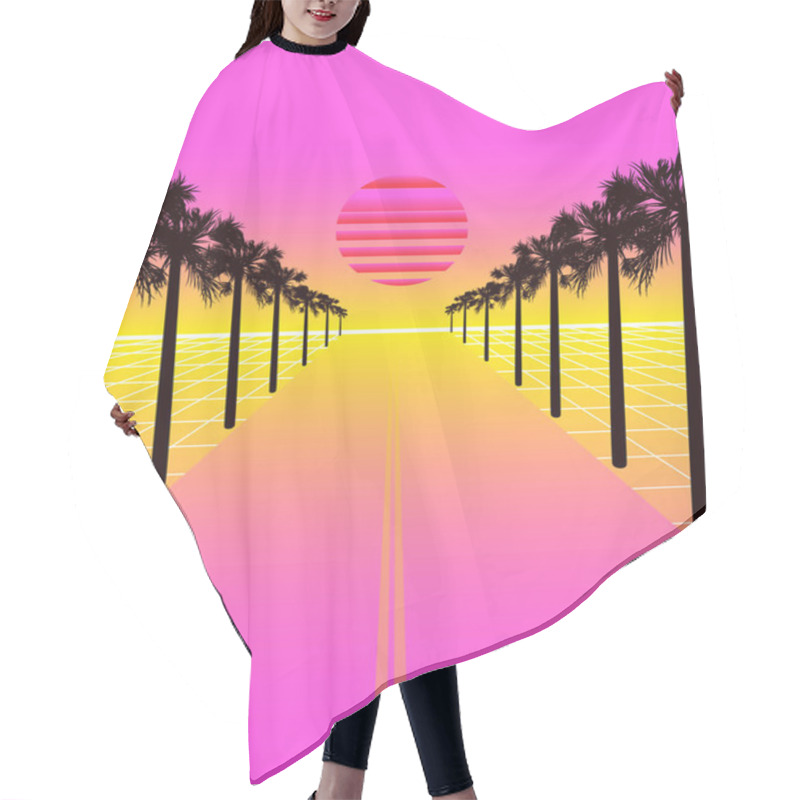 Personality  Synthwave Illustration With Dream Road, Grid And Palms. Hair Cutting Cape