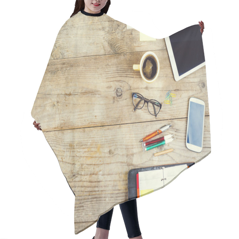 Personality  Mix Of Office Supplies And Gadgets On A Wooden Table Hair Cutting Cape