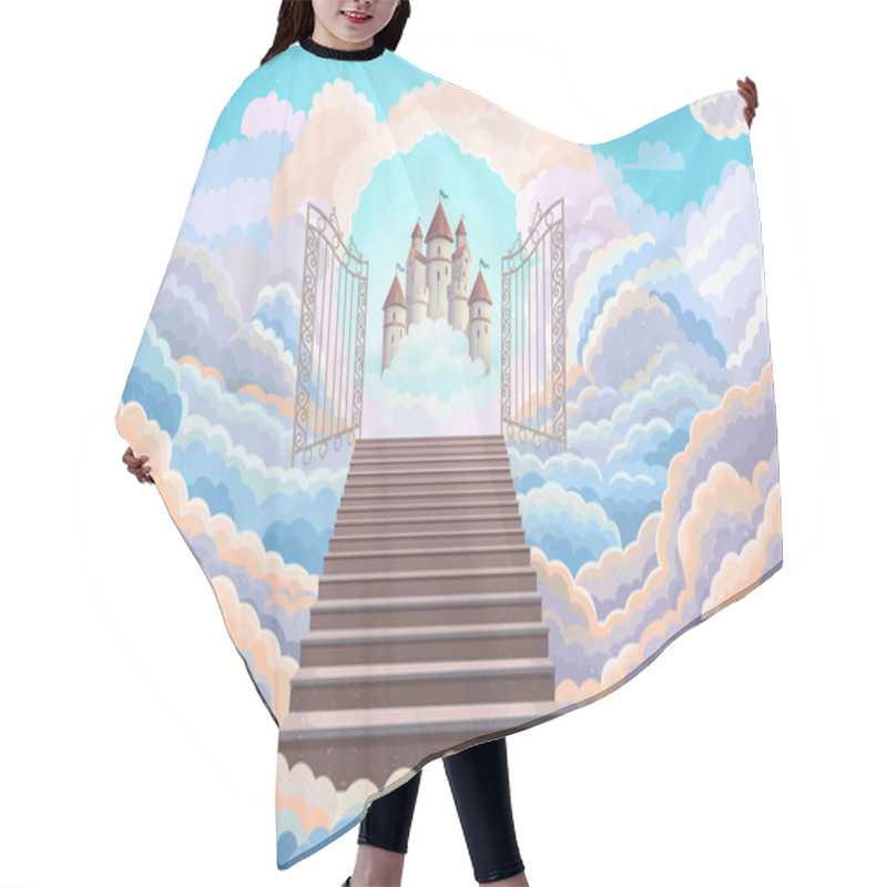 Personality  Entrance To Paradise, Open Gate With A Magic Castle. Castle In The Clouds.Staircase Leading To To The Wrought Iron Gates.background With Fluffy Clouds. Stairs Up. Vector Cartoon Illustration. Hair Cutting Cape