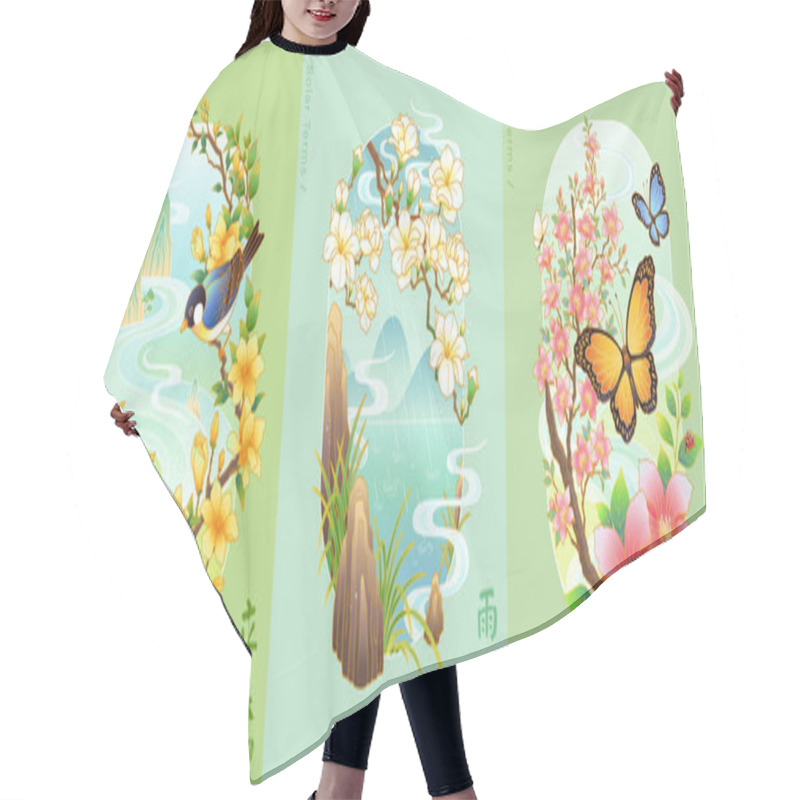 Personality  Illustration Of Spring Season In 24 Solar Terms. Oriental Line Art Including Floral, Natural Landscape, Birds And Butterflies. Translation: Beginning Of Summer, Rain Water, Awakening Of Insects. Hair Cutting Cape