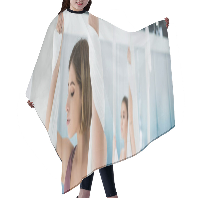 Personality  Sportive Woman Warming Up With Fly Yoga Hammock On Blurred Background, Banner Hair Cutting Cape