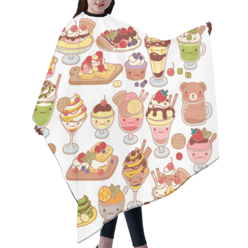 Personality  Collection Of Lovely Baby Sweet Dessert Doodle Icon, Cute Ice Cream, Adorable Waffle, Sweet Crepe, Kawaii Sundae, Girly Parfait In Childlike Manga Cartoon Style Isolated On White  Hair Cutting Cape