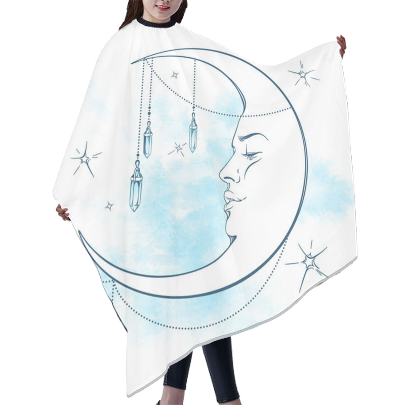 Personality  Blue Crescent Moon With Moonstone Pendants And Stars Vector Illustration Hair Cutting Cape