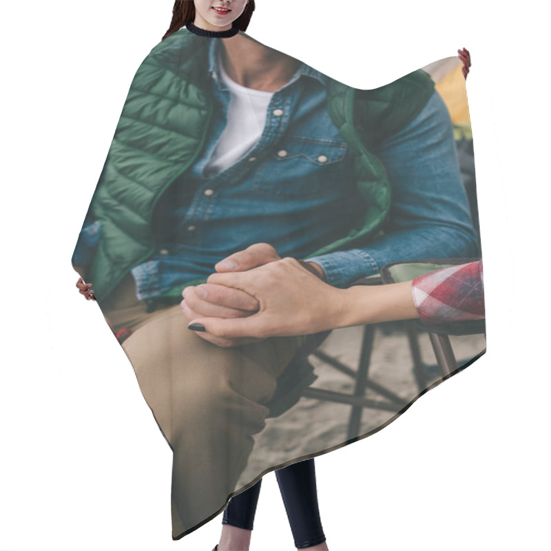 Personality  Partial View Of Man And Woman Holding Hands While Enjoying Camping Together Hair Cutting Cape