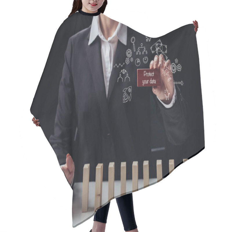 Personality  Cropped View Of Businesswoman Holding Red Brick With Words 'protect Your Data' While Preventing Wooden Blocks From Falling, Icons On Foreground Hair Cutting Cape