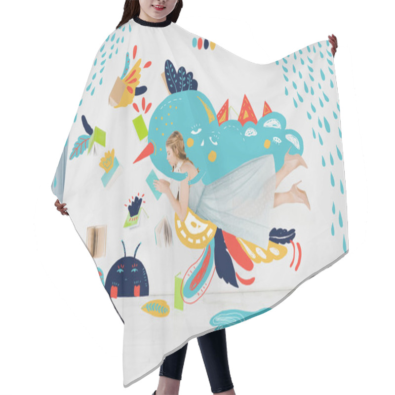 Personality  Floating Girl In Blue Dress Reading Book With Rain Illustration Hair Cutting Cape