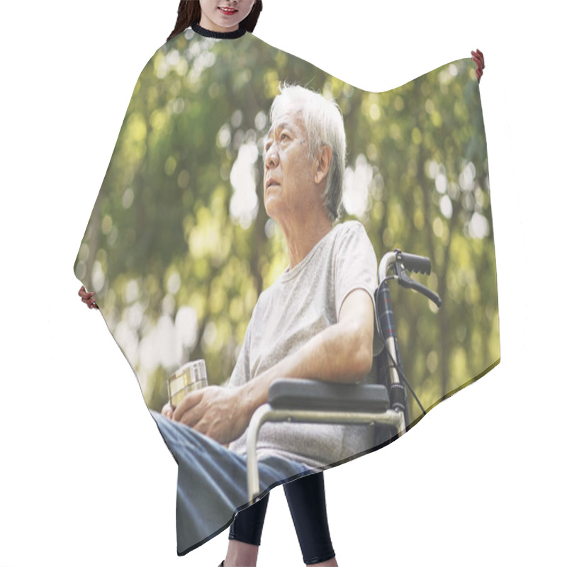 Personality  Asian Senior Man Sitting In Wheelchair Hair Cutting Cape