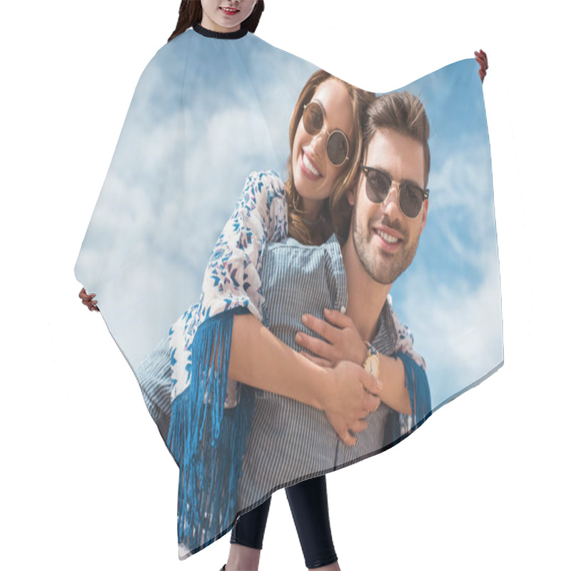 Personality  Handsome Man In Sunglasses Piggybacking His Smiling Girlfriend Hair Cutting Cape