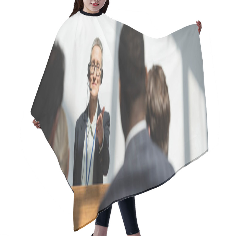 Personality  Middle Aged Speaker Pointing At Blurred Business People During Seminar, Banner Hair Cutting Cape