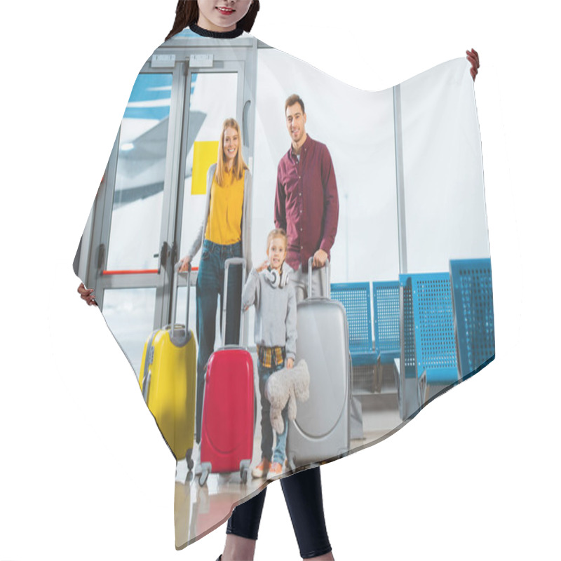 Personality  Cheerful Family Standing With Luggage In Waiting Hall Of Airport Hair Cutting Cape