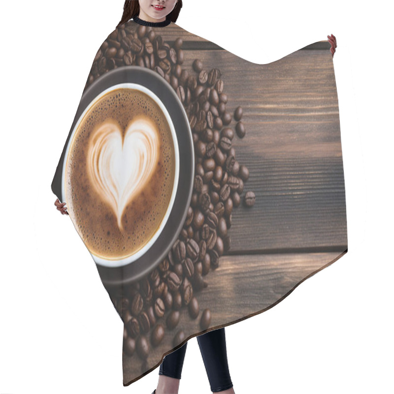 Personality  Cup Of Coffee Latte With Heart Shape And Coffee Beans On Old Wooden Background. High Quality Photo Hair Cutting Cape