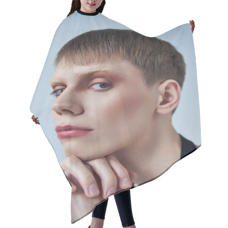 Personality  Queer Model With Makeup Looking At Camera On Grey Backdrop, Androgynous Person, Portrait, Identity Hair Cutting Cape