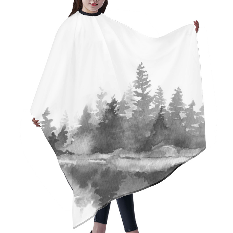 Personality  Monochrome Watercolour Landscape. Island With Trees In The Water. Design For Calender, Card, Postcard, Website Background, Poster. Minimalist Illustration On White Background. Hair Cutting Cape