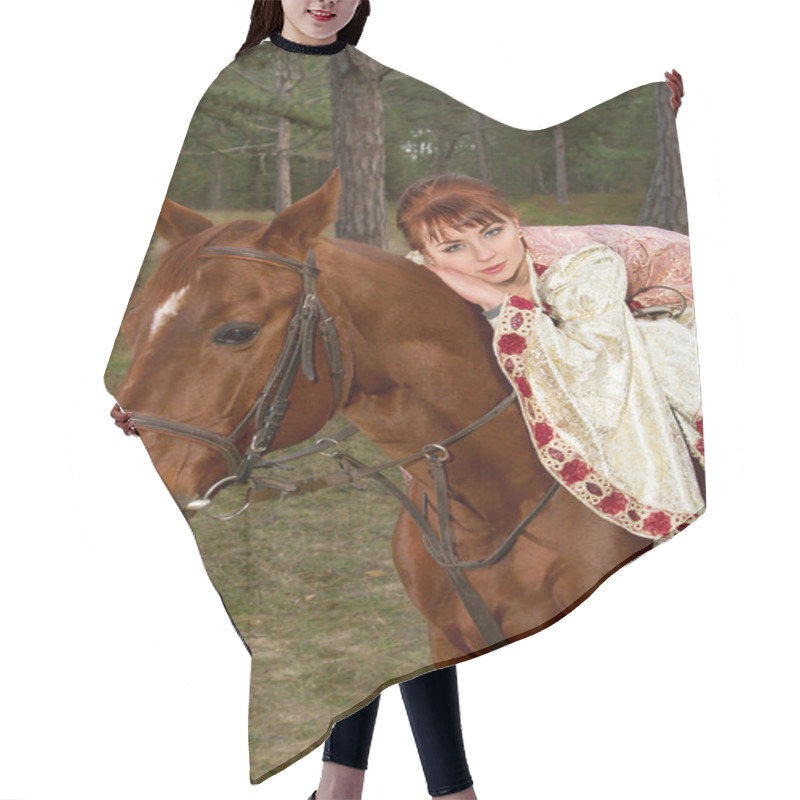 Personality  Beautiful Girl In Antique Dress On Horseback  Hair Cutting Cape