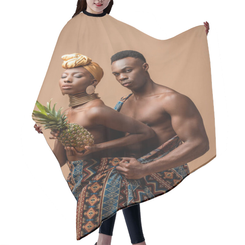 Personality  Sexy Naked Tribal Afro Woman Covered In Blanket Posing With Pineapple Near Man Isolated On Beige Hair Cutting Cape